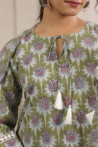 Hand Block Printed Cotton Straight Fit Suit Set Of 3