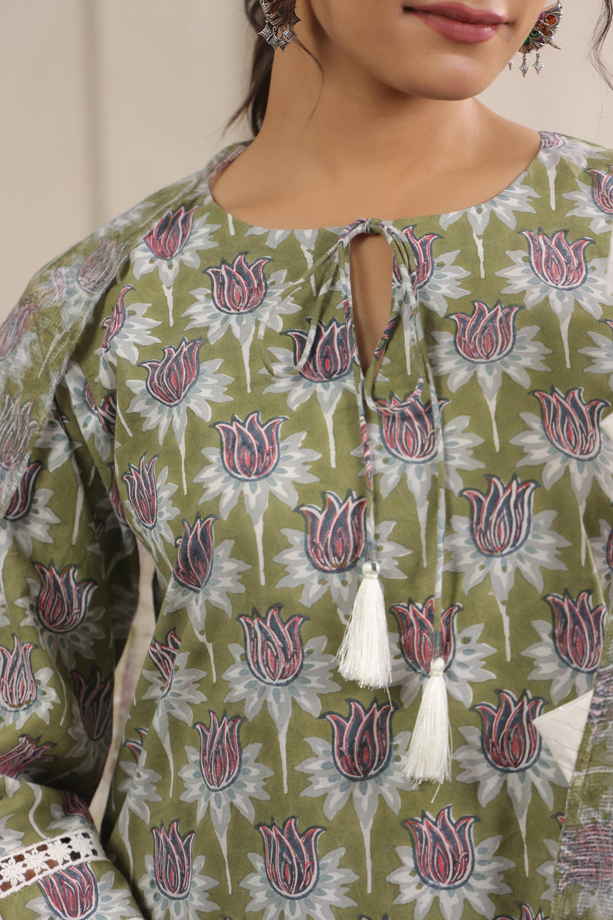 Hand Block Printed Cotton Straight Fit Suit Set Of 3