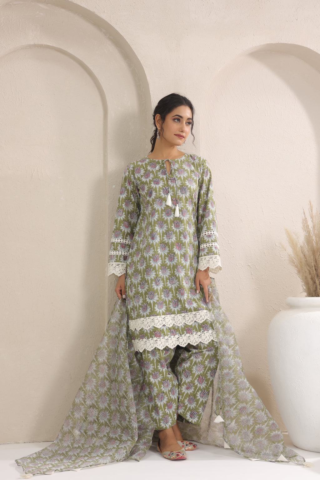 Hand Block Printed Cotton Straight Fit Suit Set Of 3