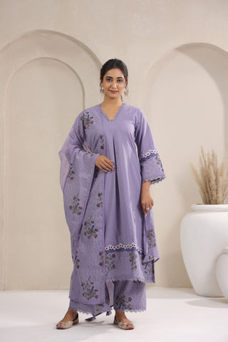 Hand Block, Printed Cotton Mauve Suit Set 3