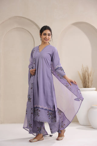 Hand Block, Printed Cotton Mauve Suit Set 3