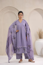 Hand Block, Printed Cotton Mauve Suit Set 3