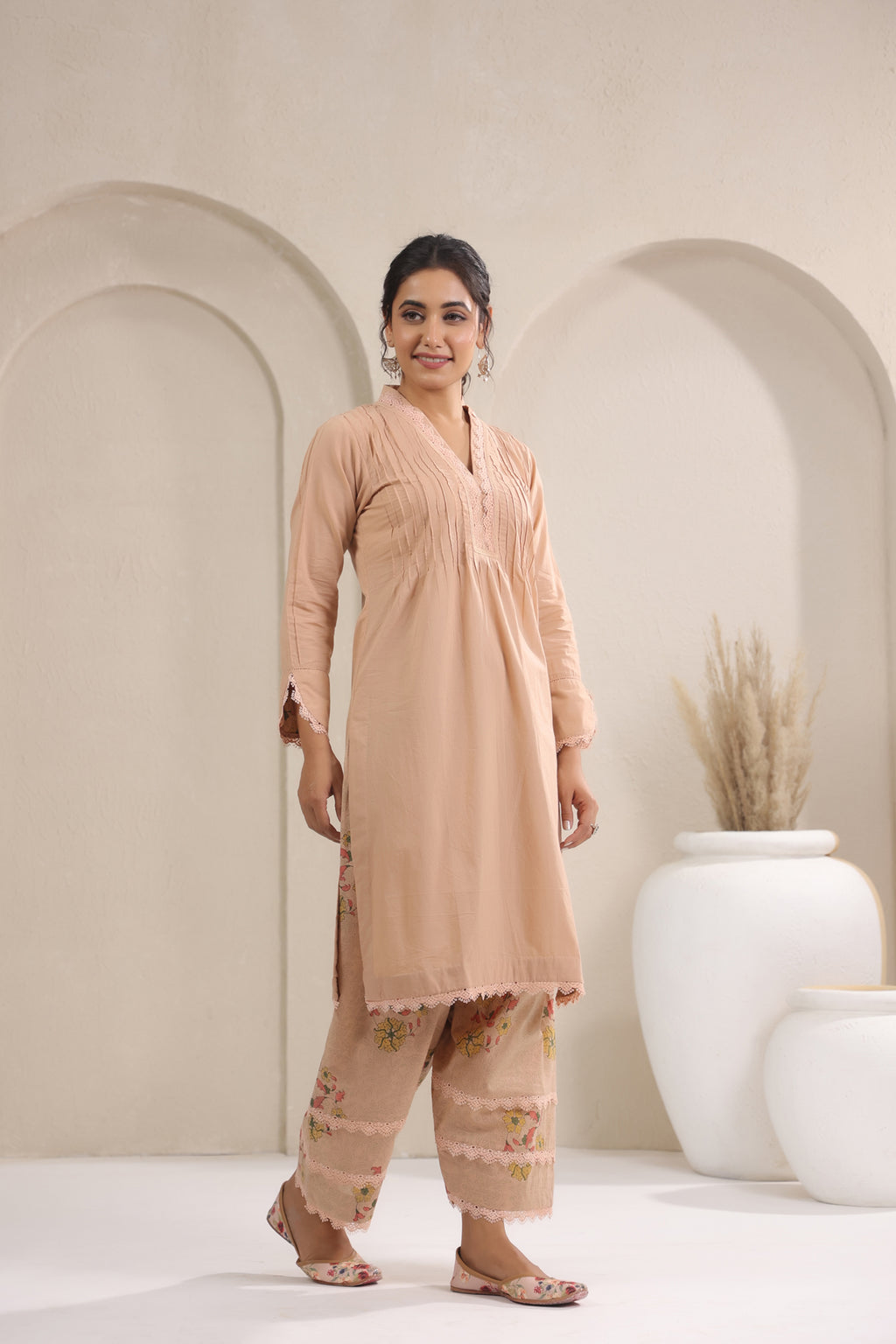 Hand Block, Printed Cotton Beige Suit Set 3