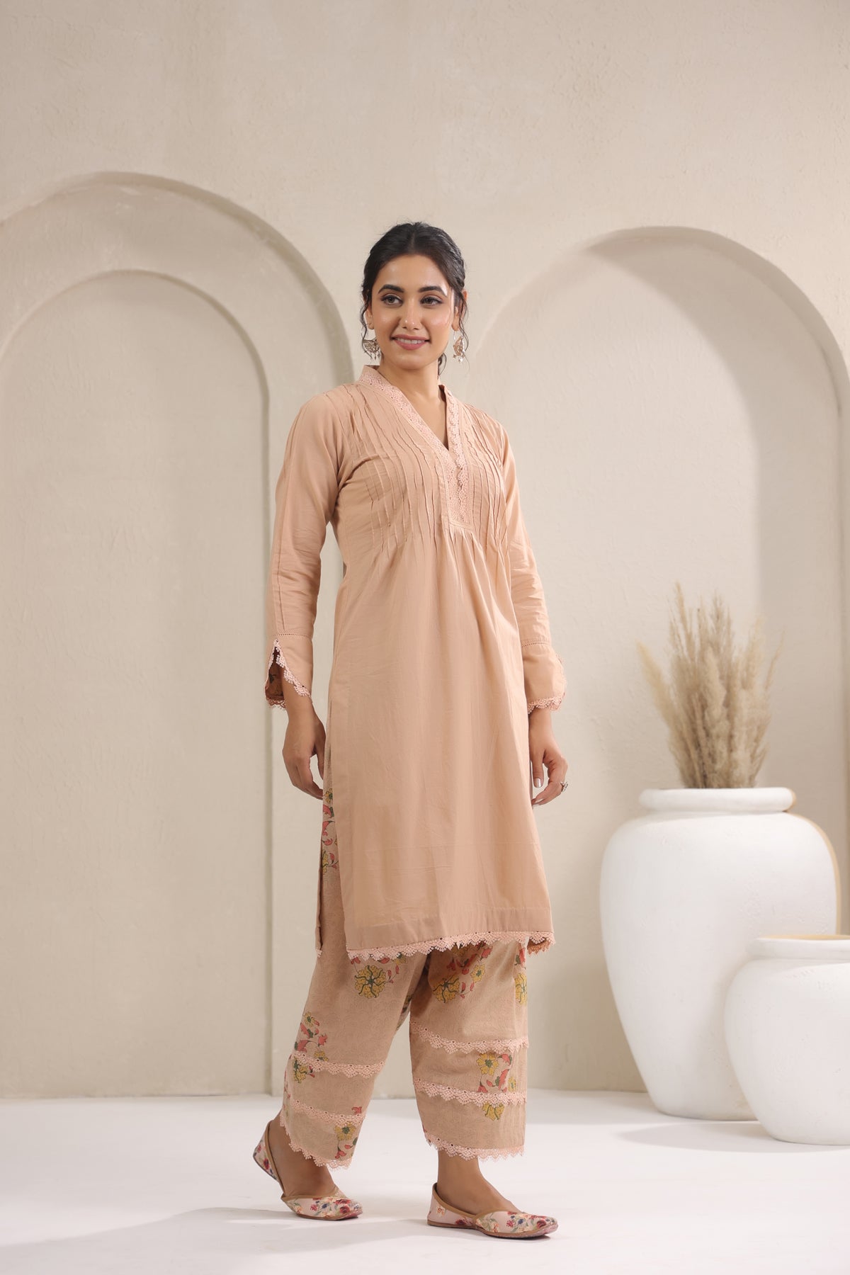 Hand Block, Printed Cotton Beige Suit Set 3