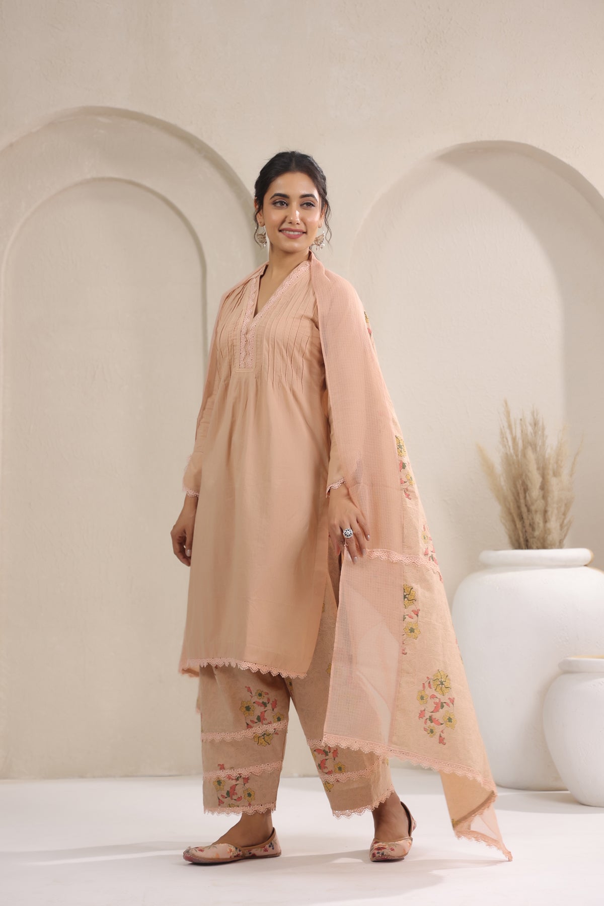 Hand Block, Printed Cotton Beige Suit Set 3