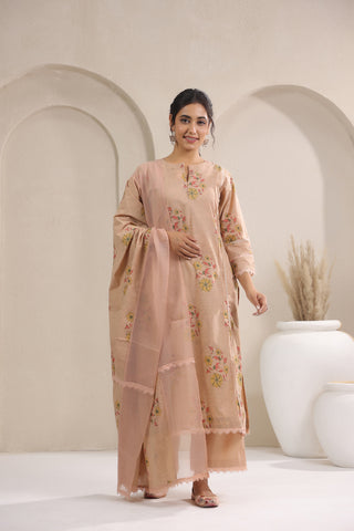 Hand Block, Printed Cotton Beige Suit Set 3