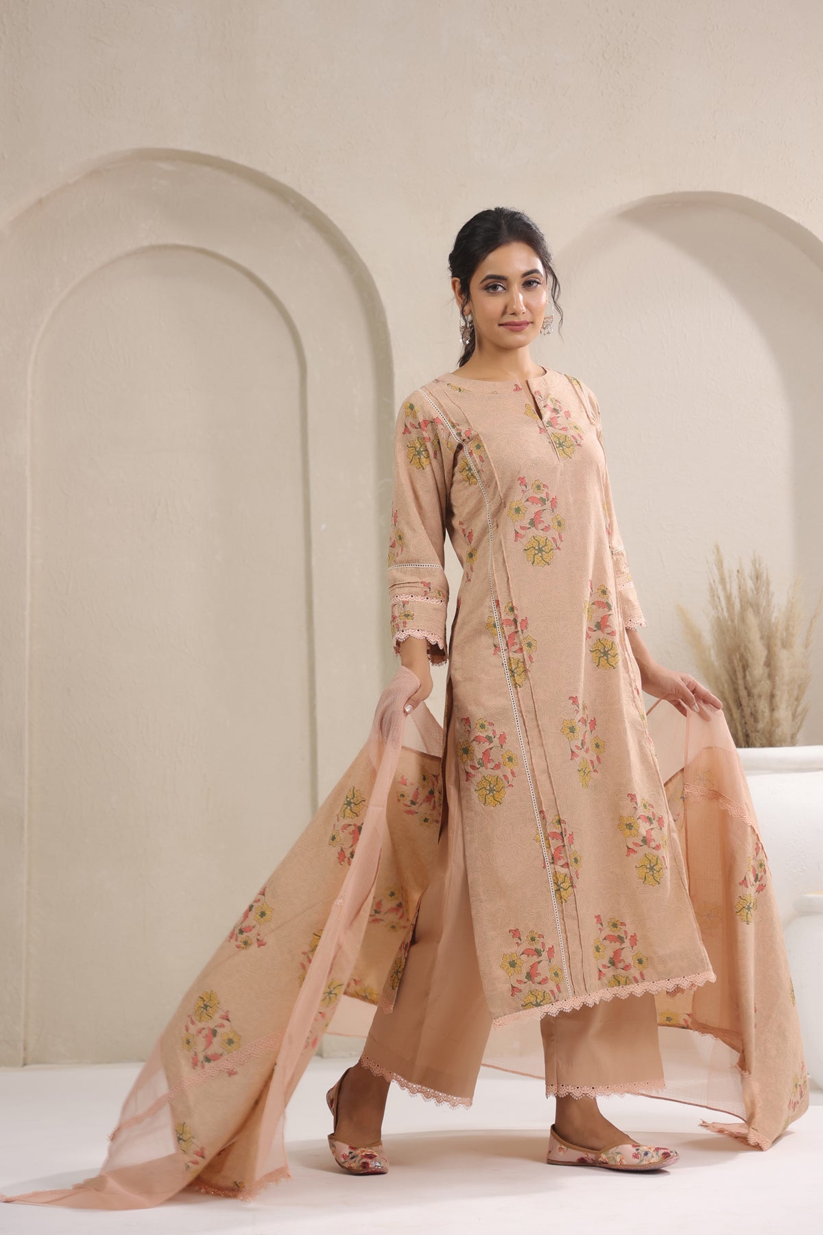 Hand Block, Printed Cotton Beige Suit Set 3