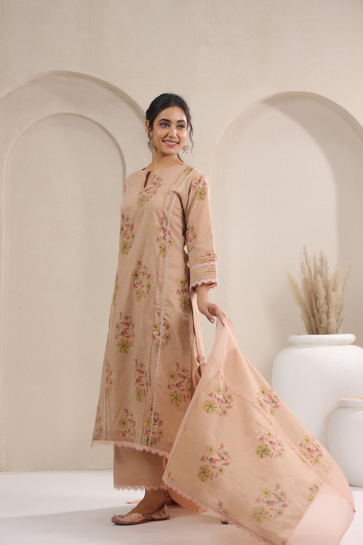 Hand Block, Printed Cotton Beige Suit Set 3