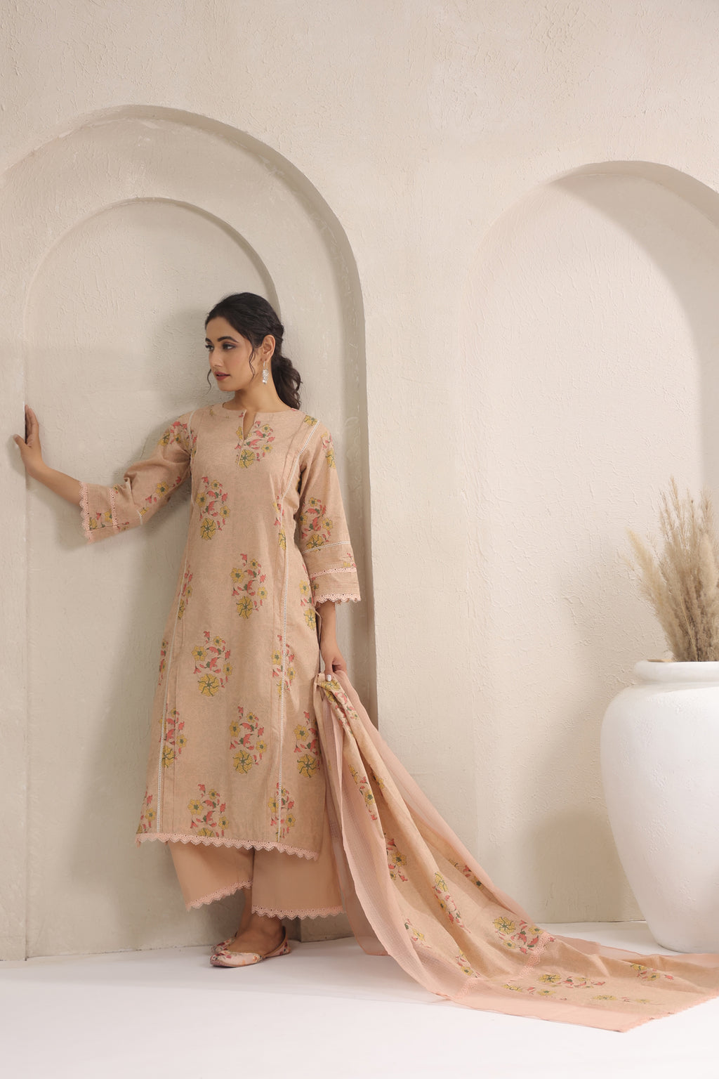 Hand Block, Printed Cotton Beige Suit Set 3