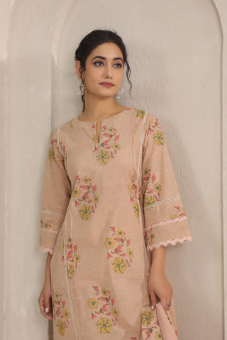 Hand Block, Printed Cotton Beige Suit Set 3
