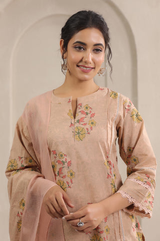 Hand Block, Printed Cotton Beige Suit Set 3