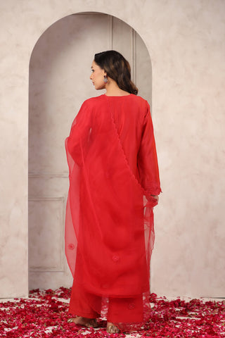 Red Floral Chanderi Suit Set