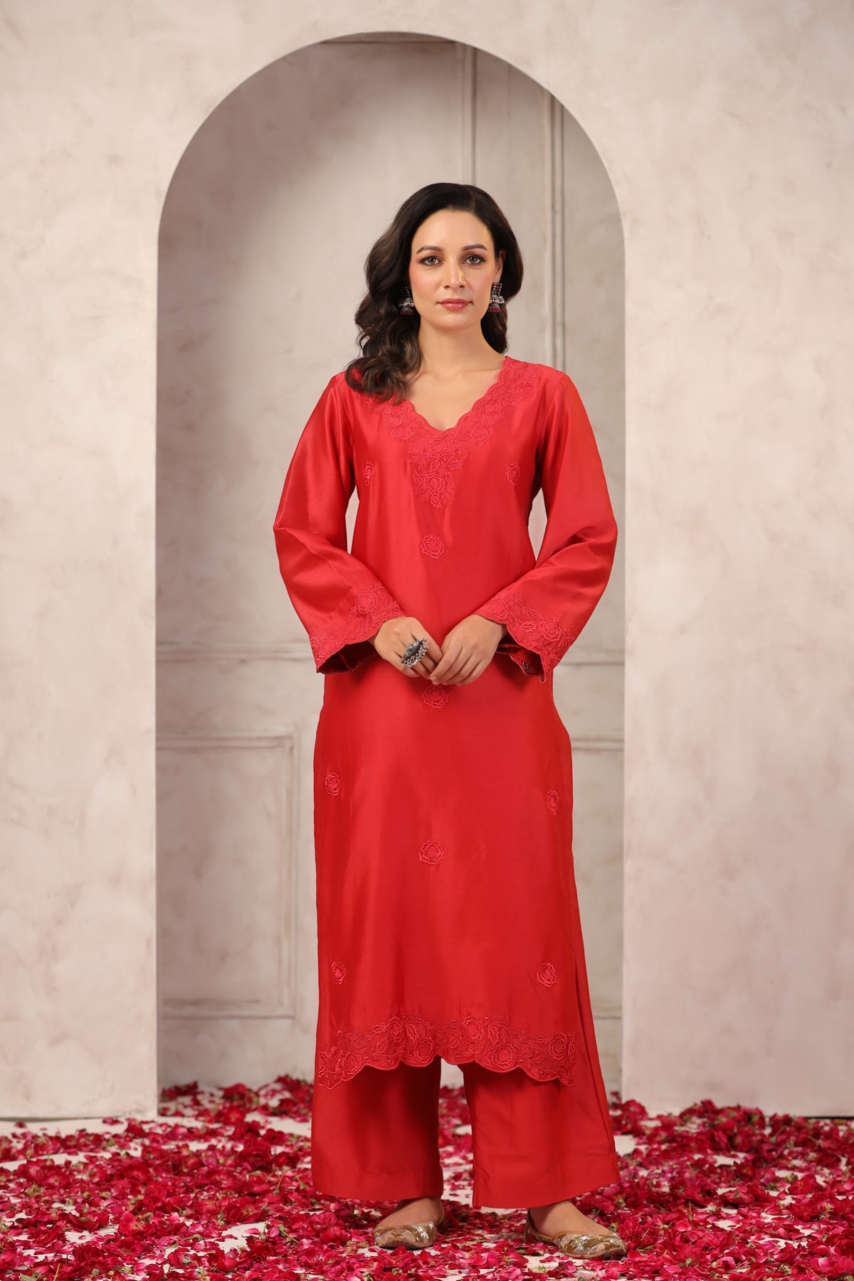 Red Floral Chanderi Suit Set
