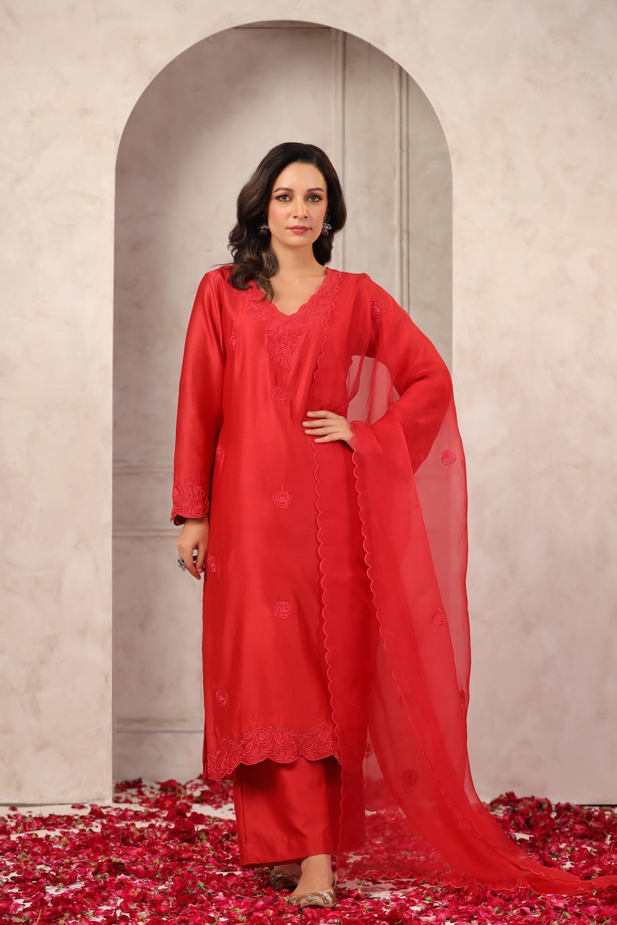 Red Floral Chanderi Suit Set