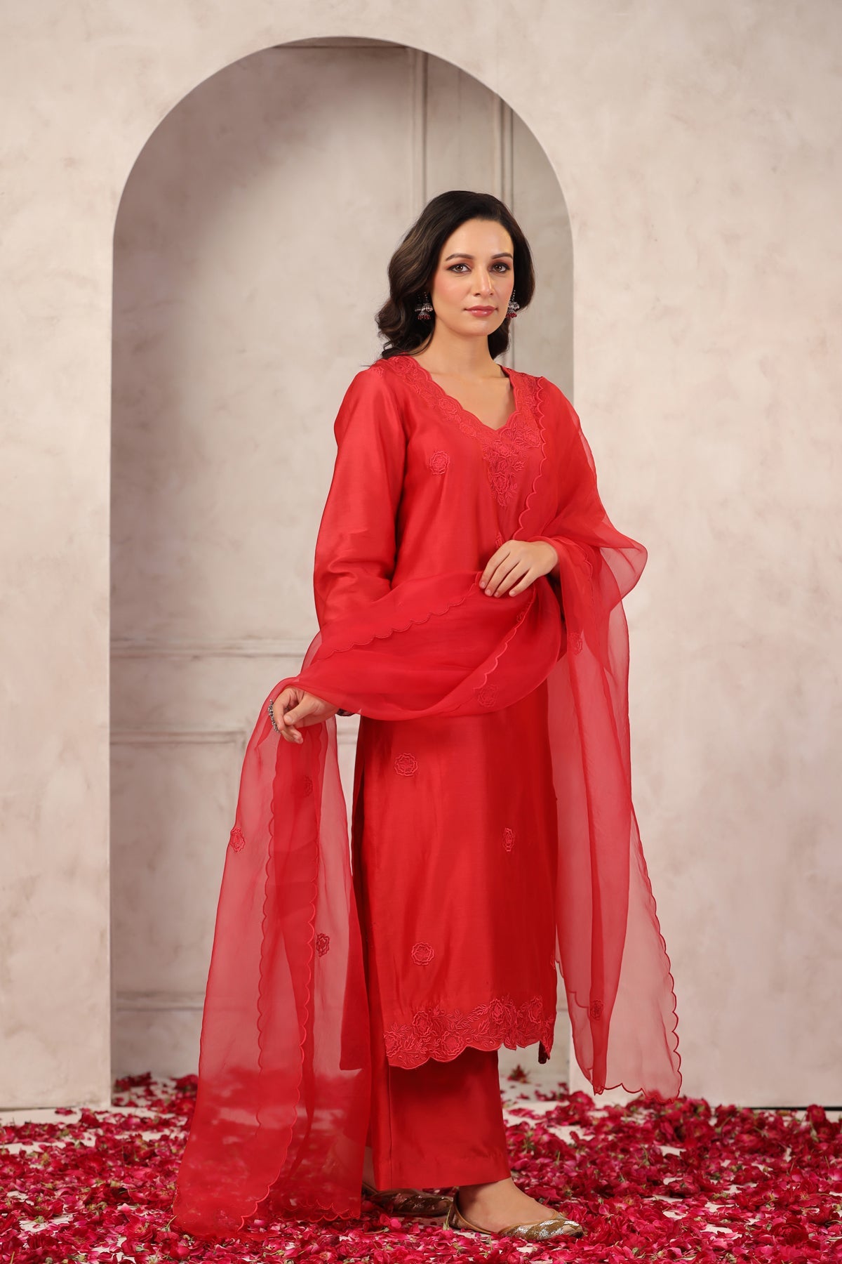 Red Floral Chanderi Suit Set