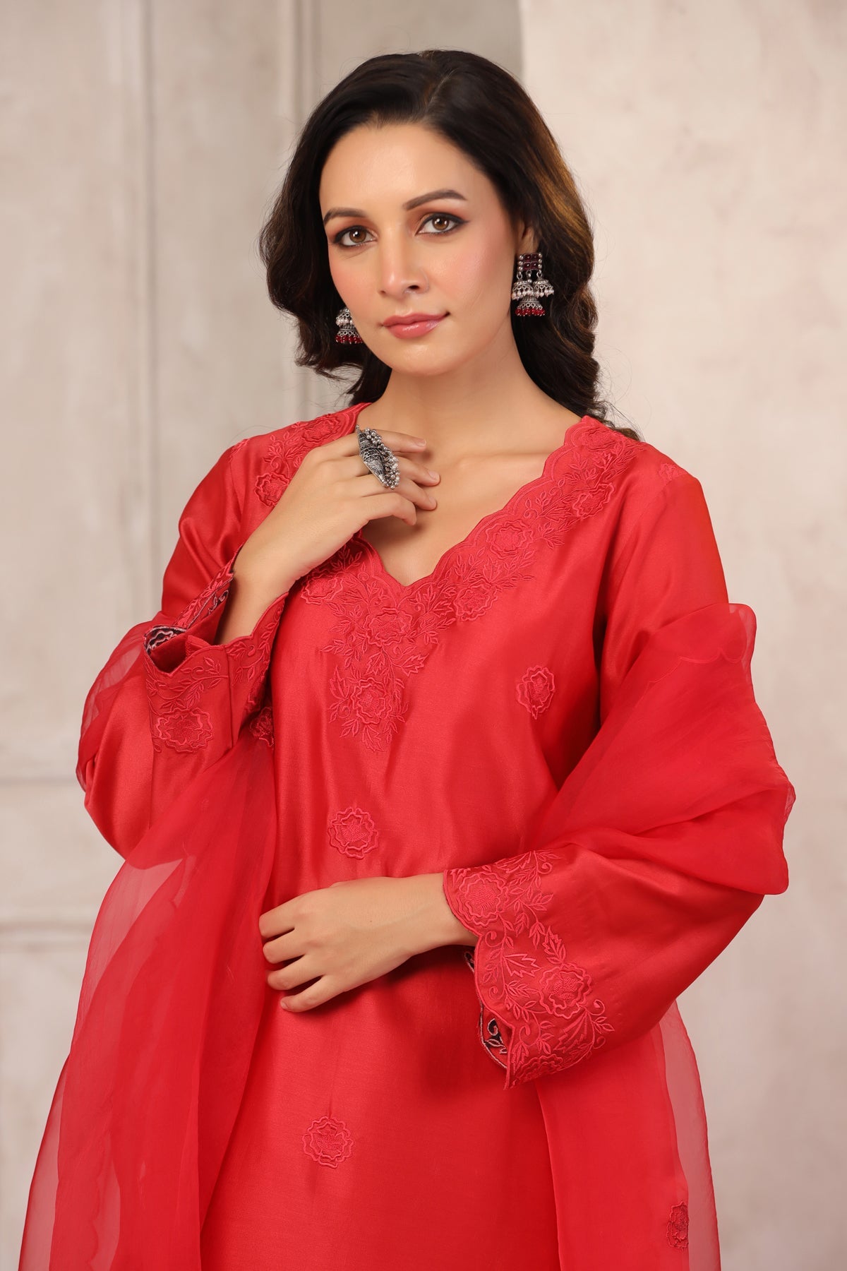 Red Floral Chanderi Suit Set