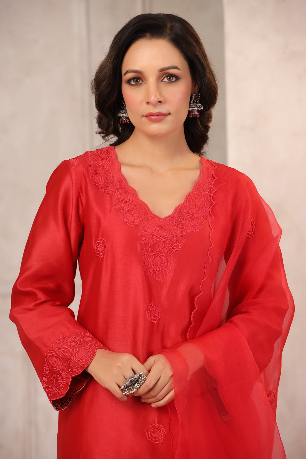 Red Floral Chanderi Suit Set