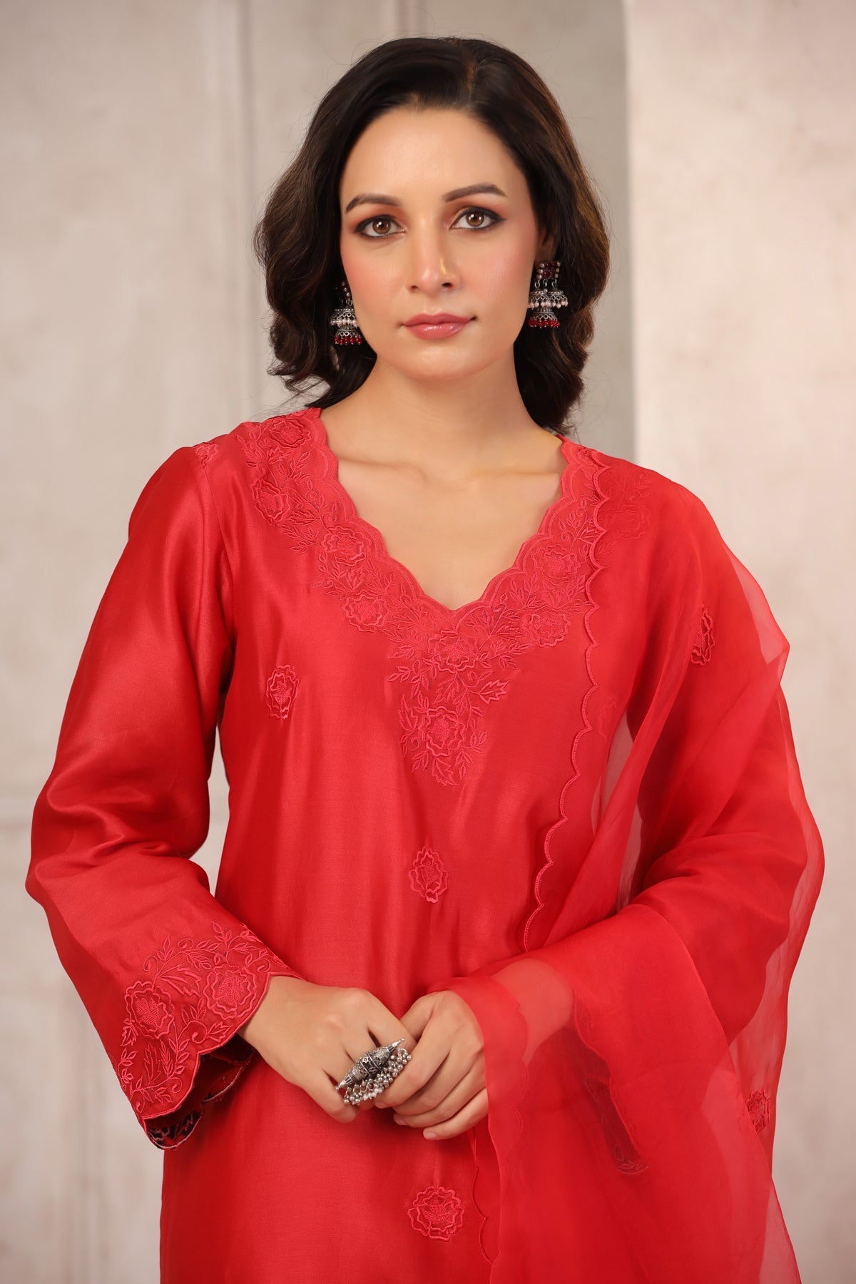 Red Floral Chanderi Suit Set