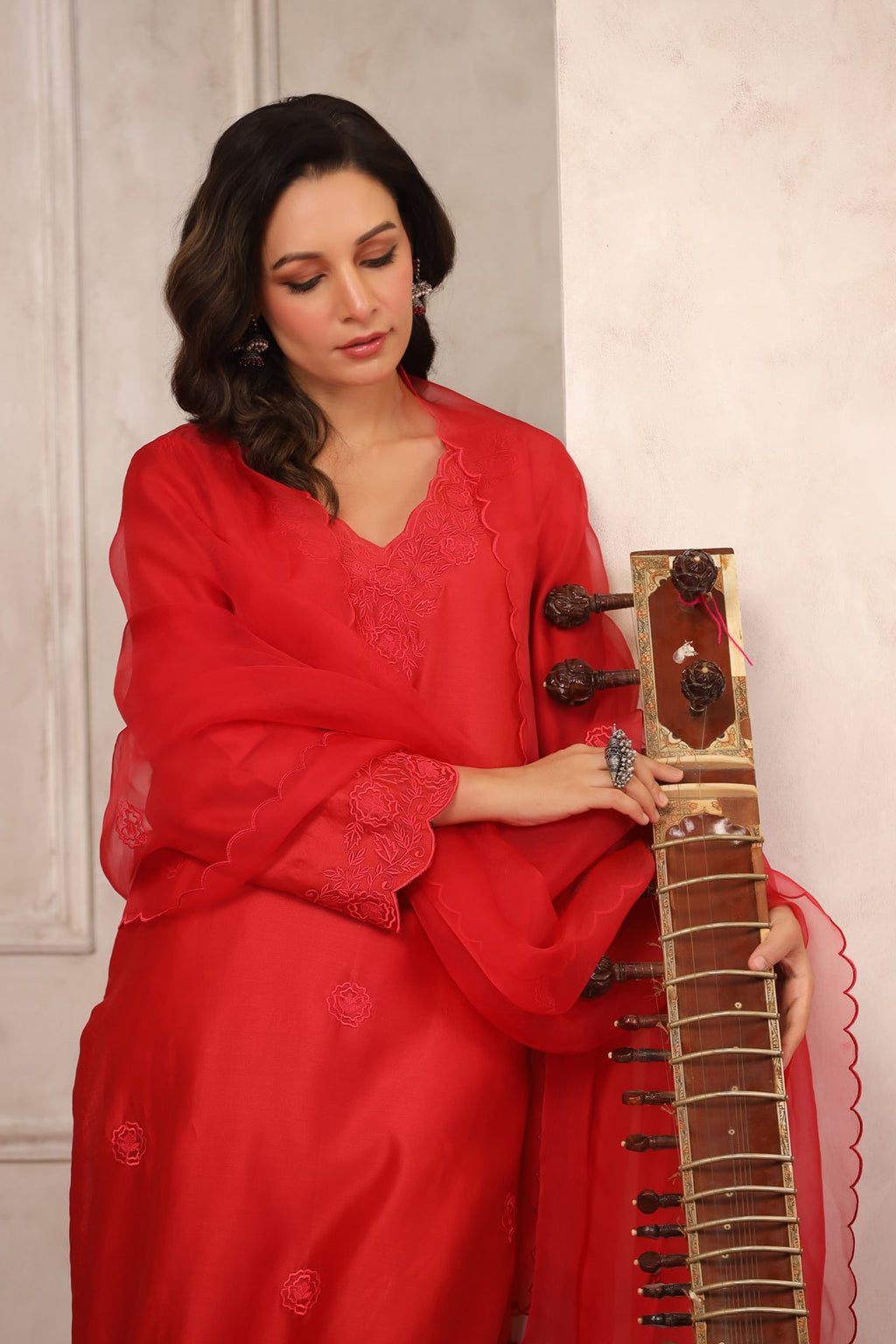 Red Floral Chanderi Suit Set