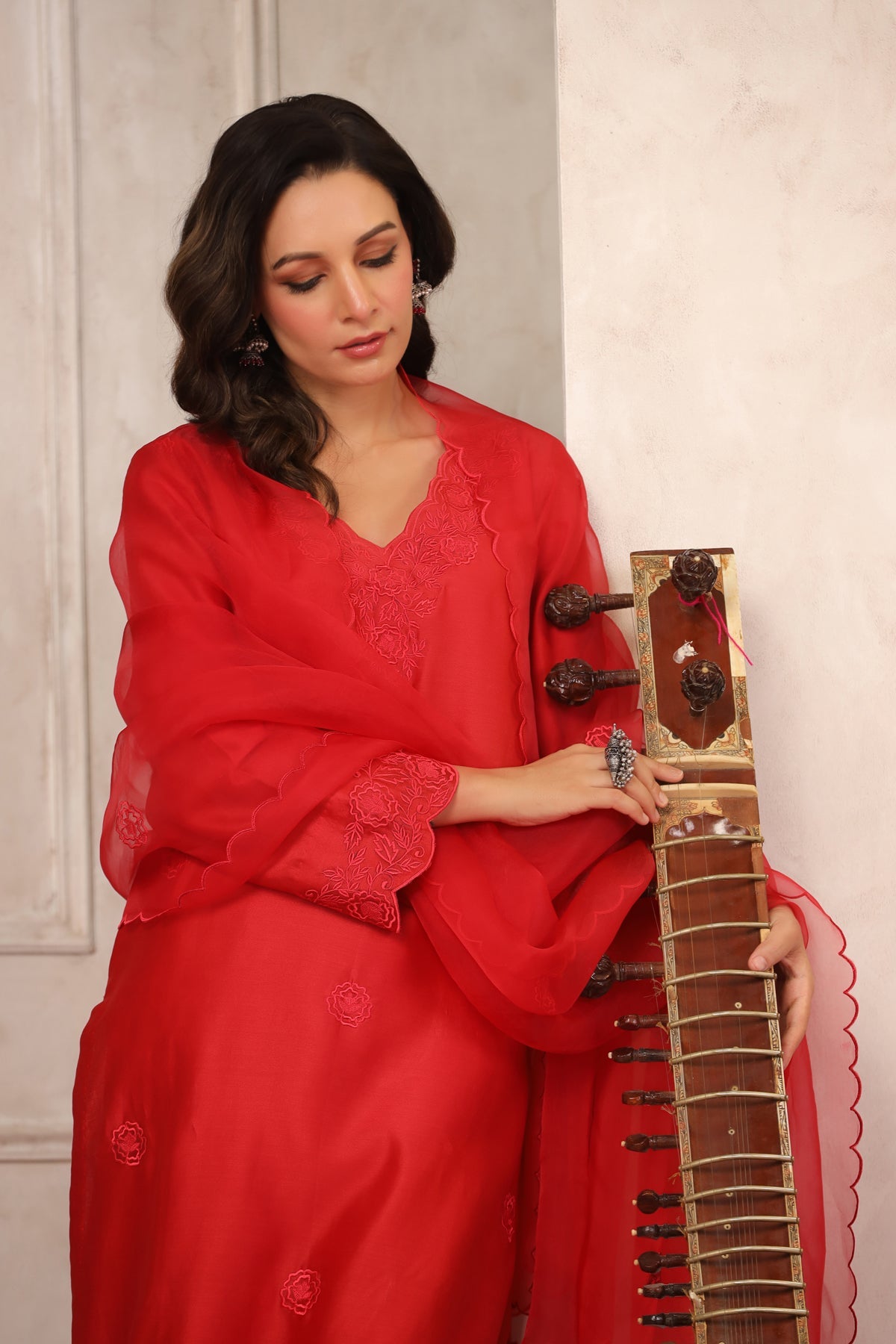 Red Floral Chanderi Suit Set