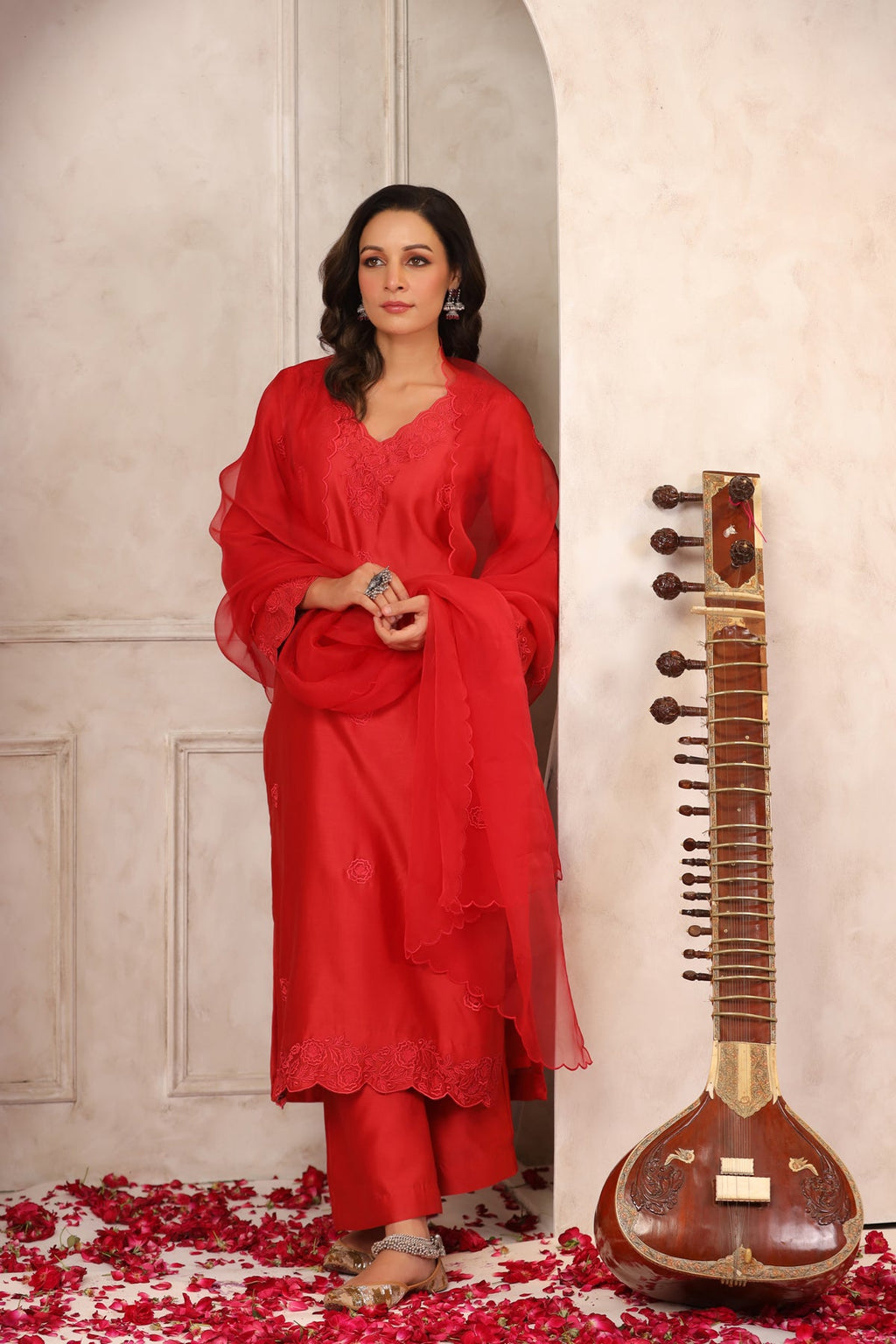 Red Floral Chanderi Suit Set