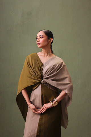 Silk Colour Block Draped Dress