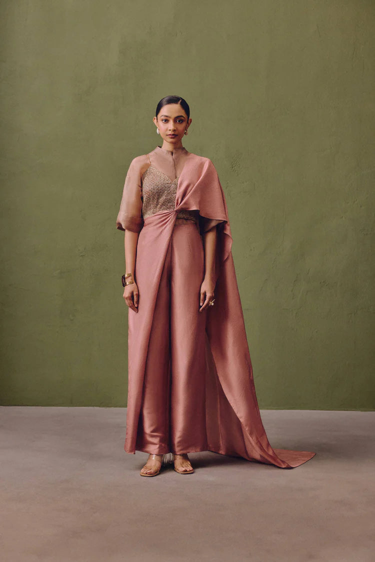 Coral Symphony Draped Pant Set