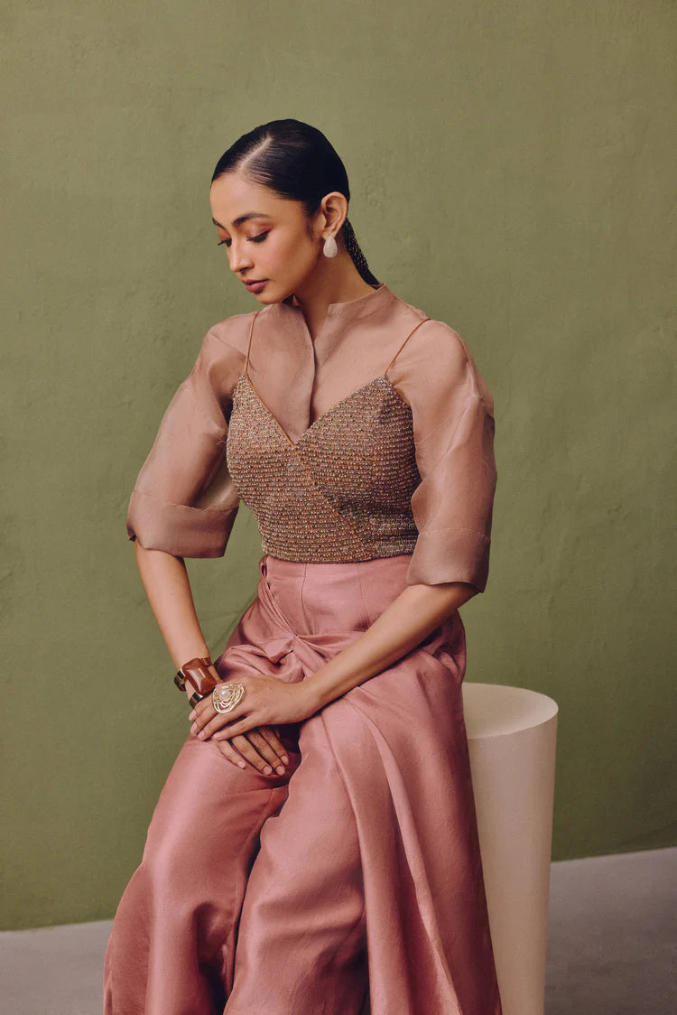 Coral Symphony Draped Pant Set