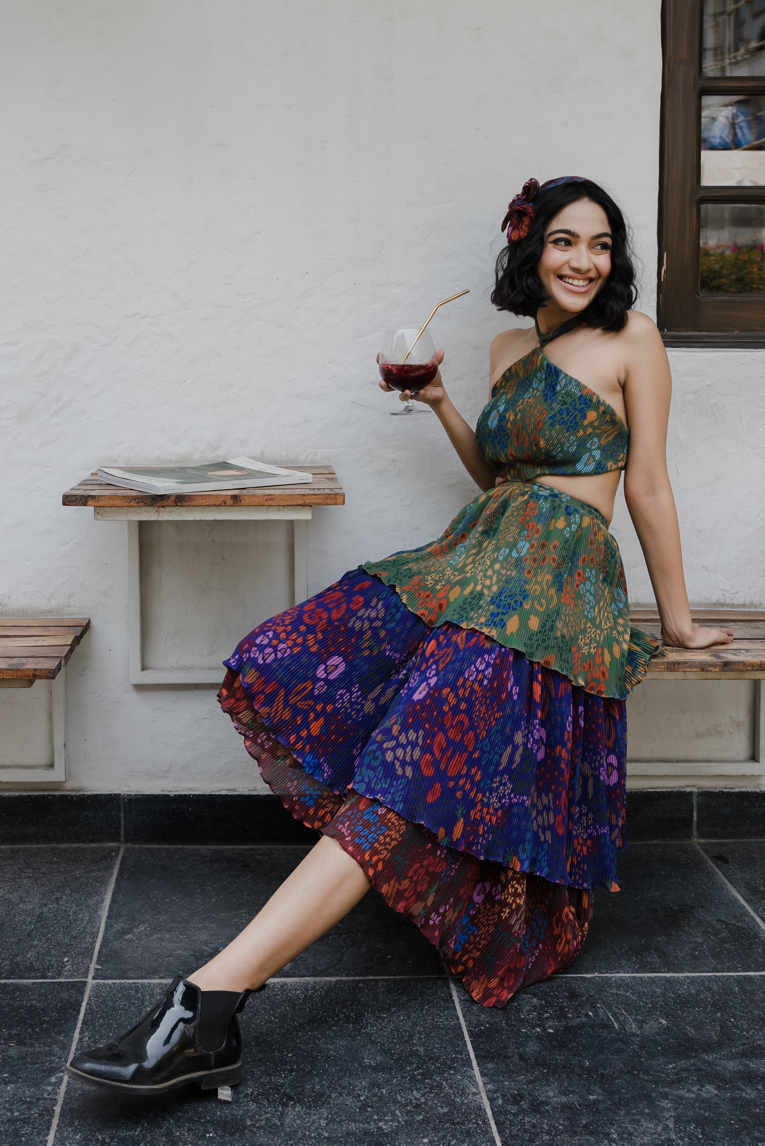 Fruit print halter neck dress