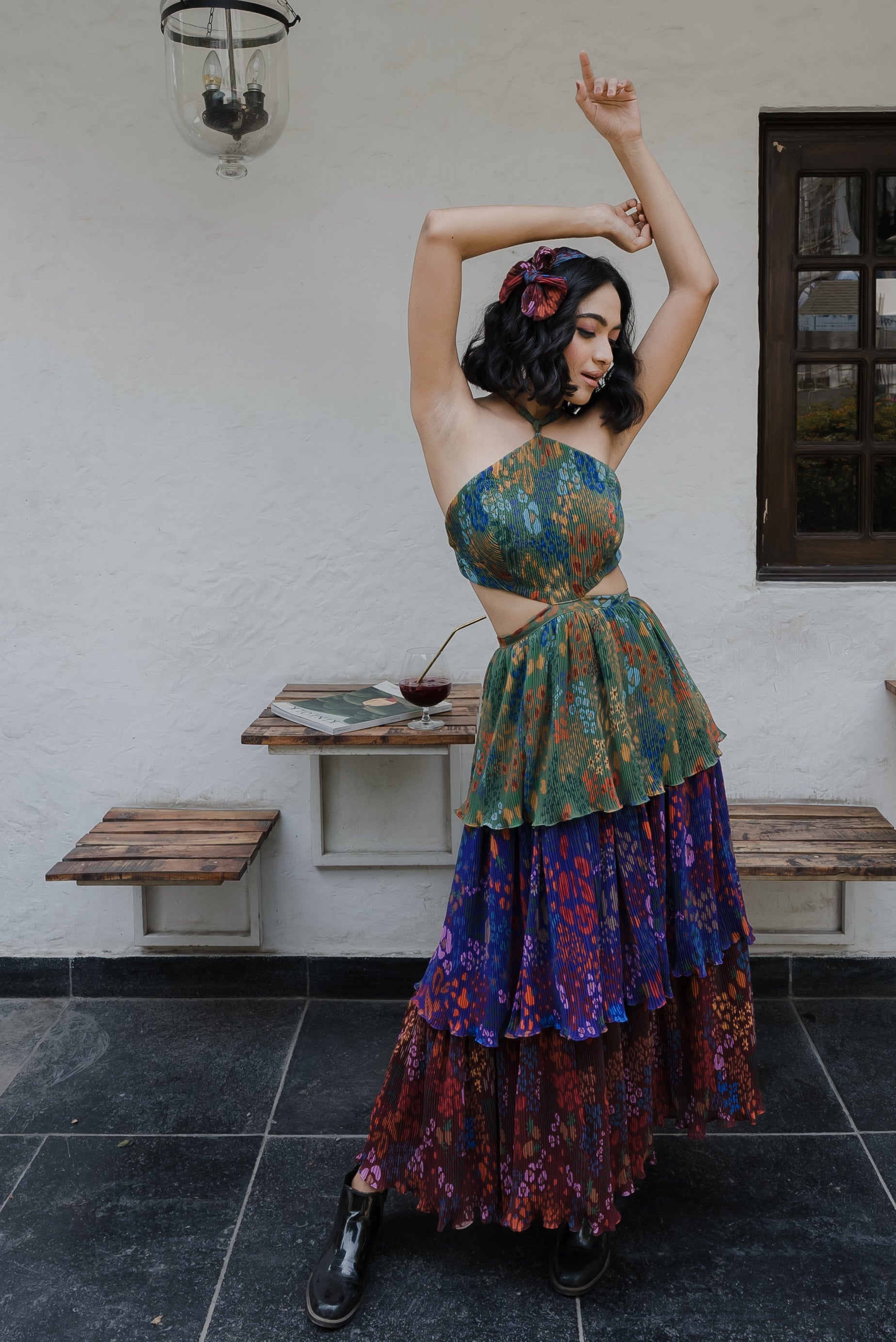 Fruit print halter neck dress