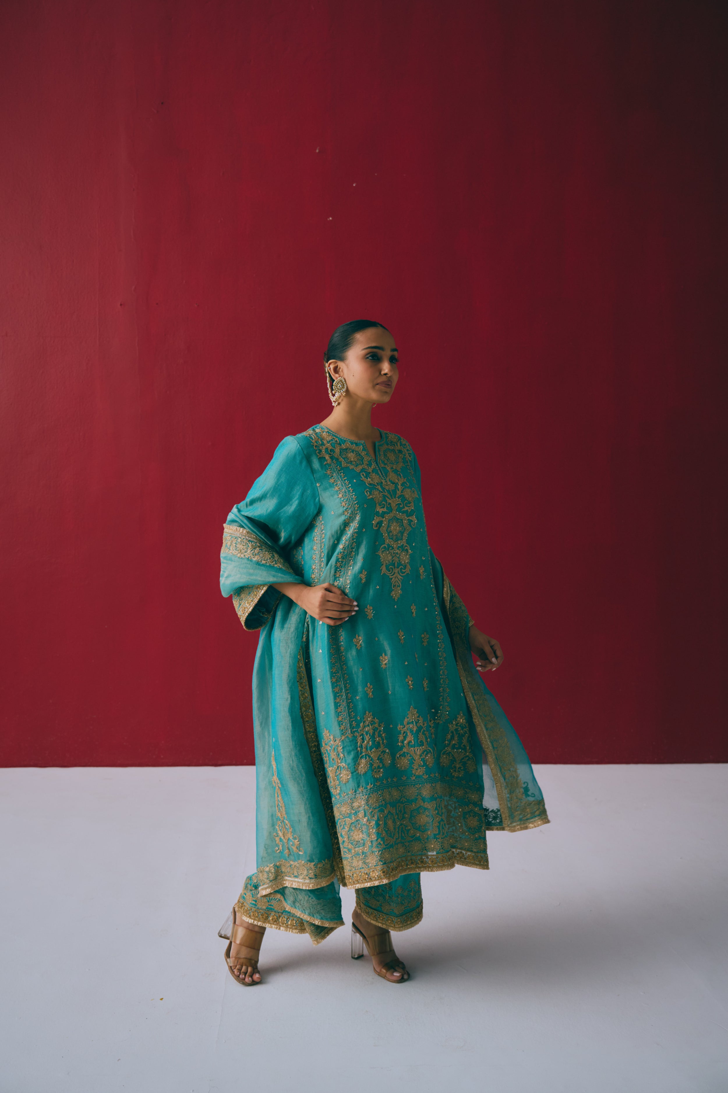 Firozi Zari Kurta Set Main image