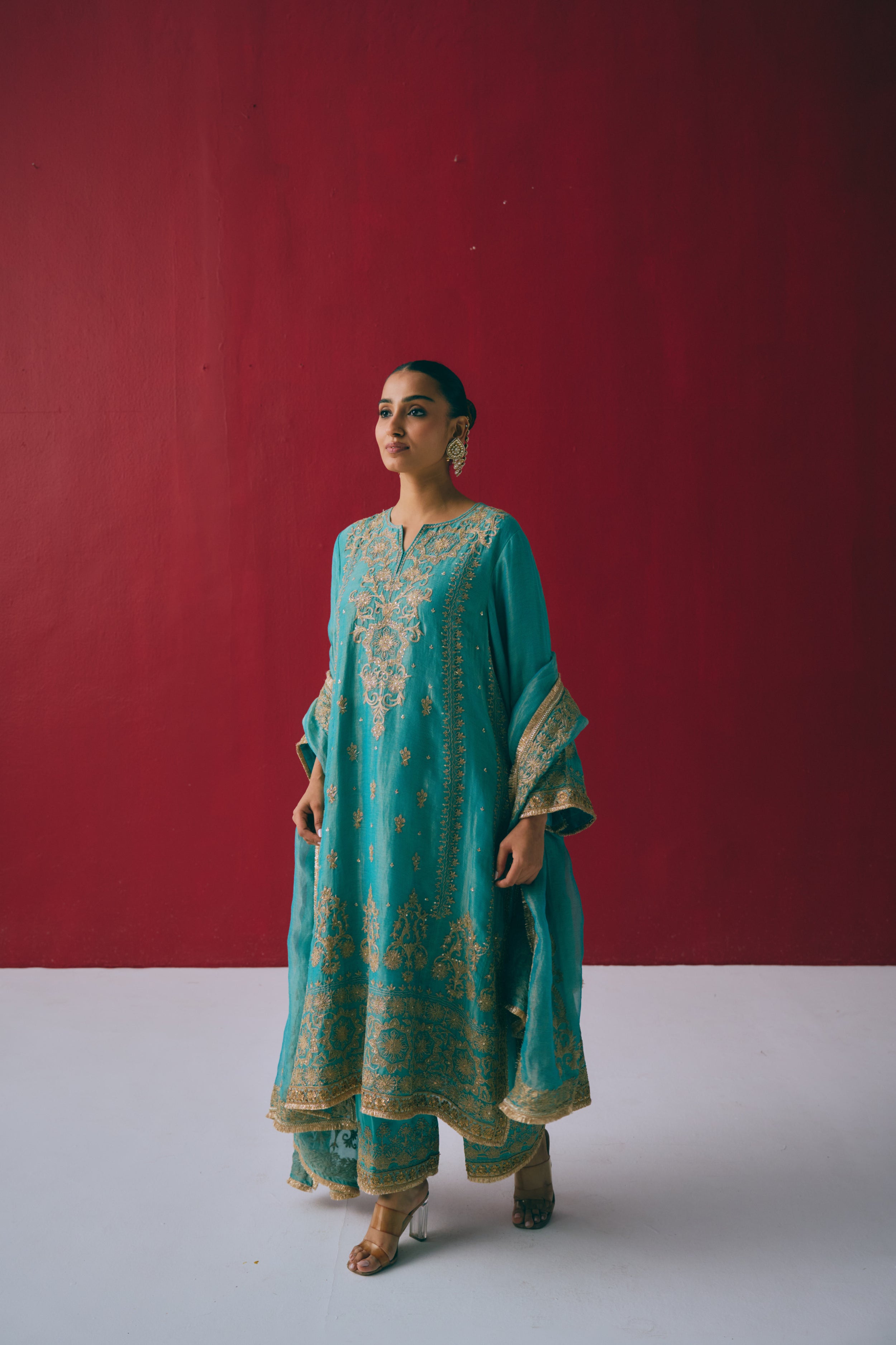 Firozi Zari Kurta Set