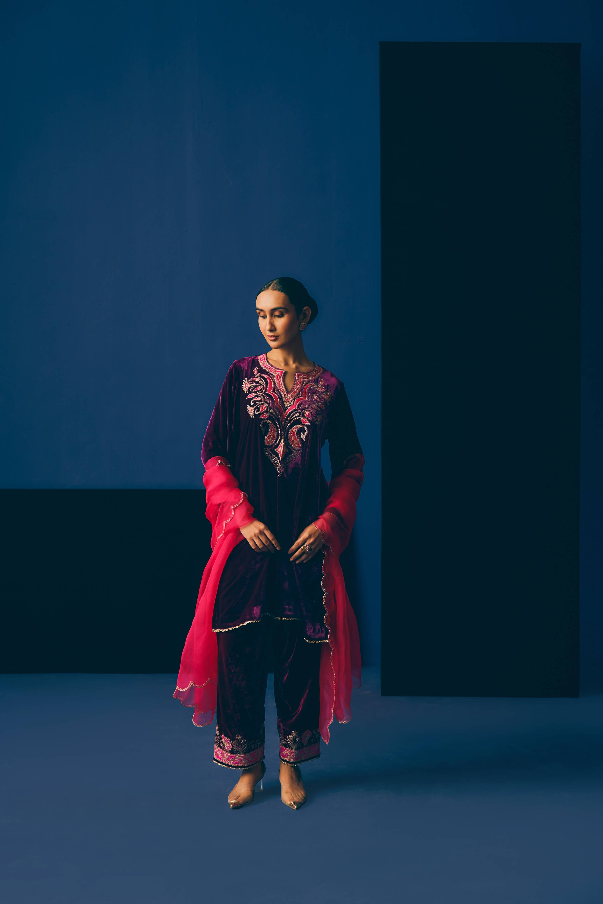 Purple Leur Velvet Kurta Set