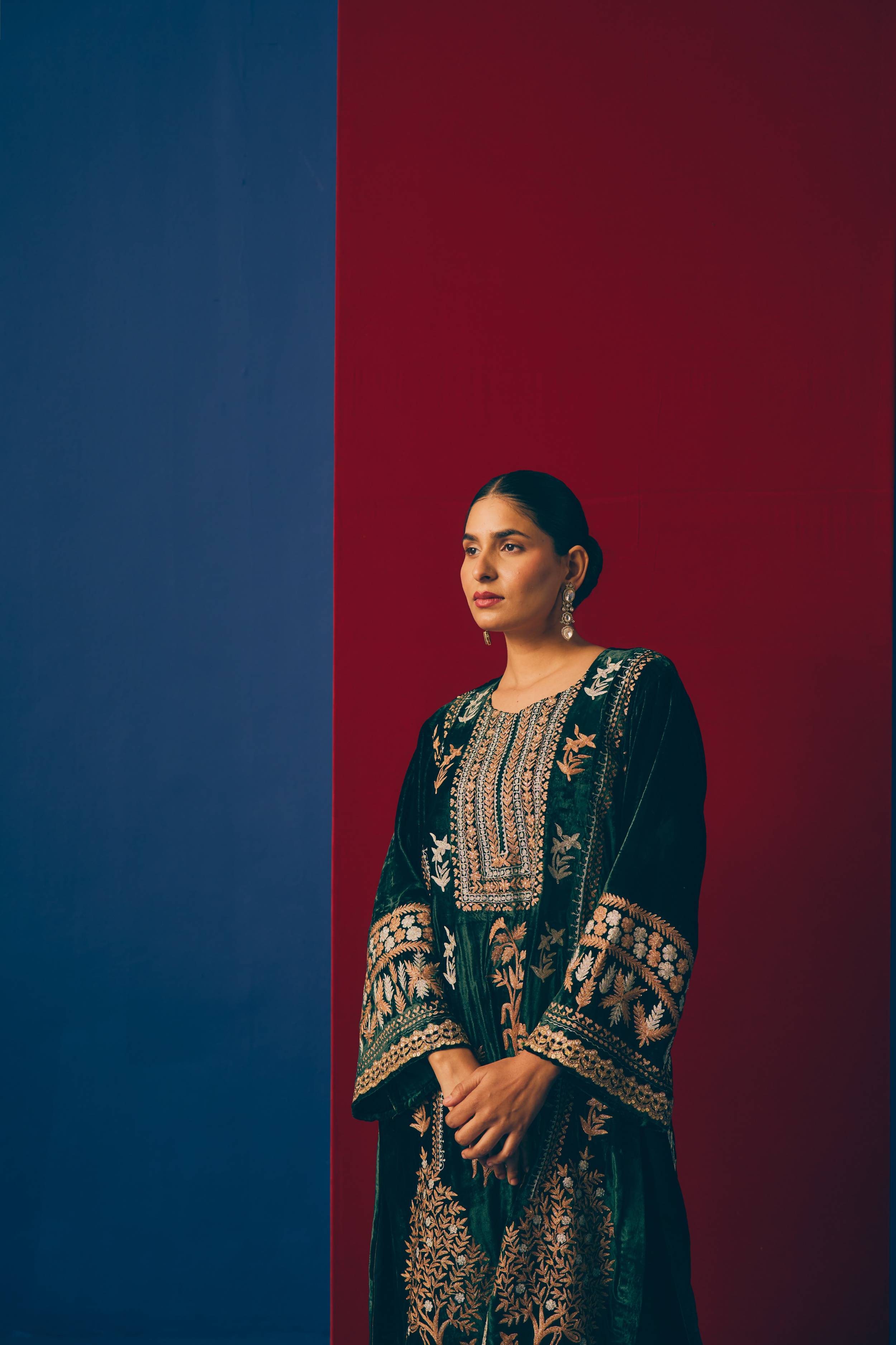 Green Cedar Velvet Kurta Set