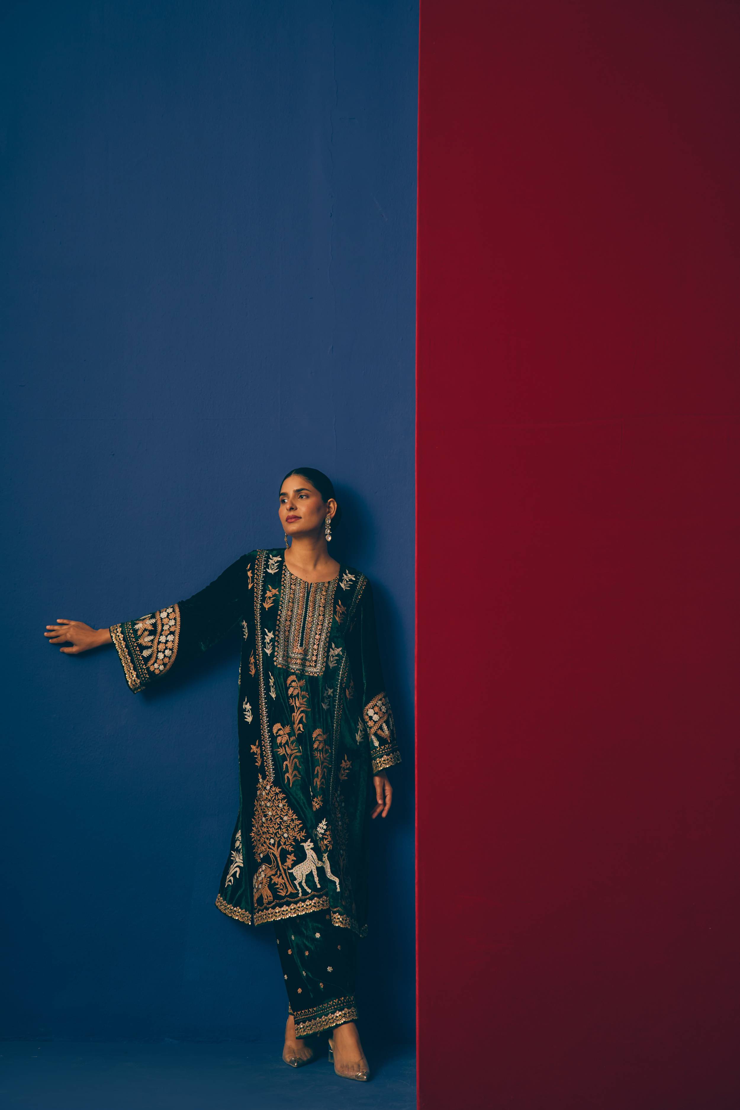 Green Cedar Velvet Kurta Set