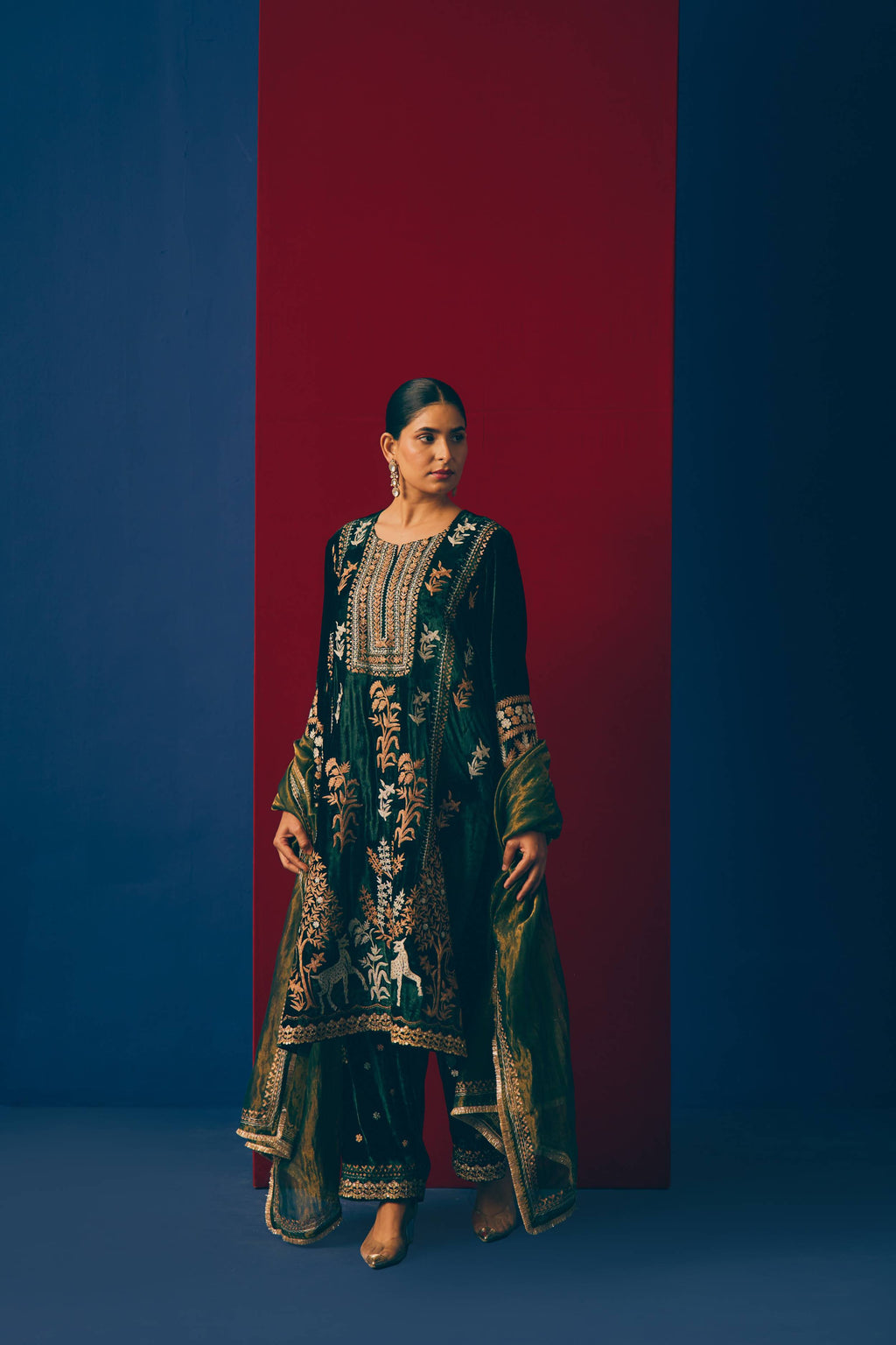 Green Cedar Velvet Kurta Set