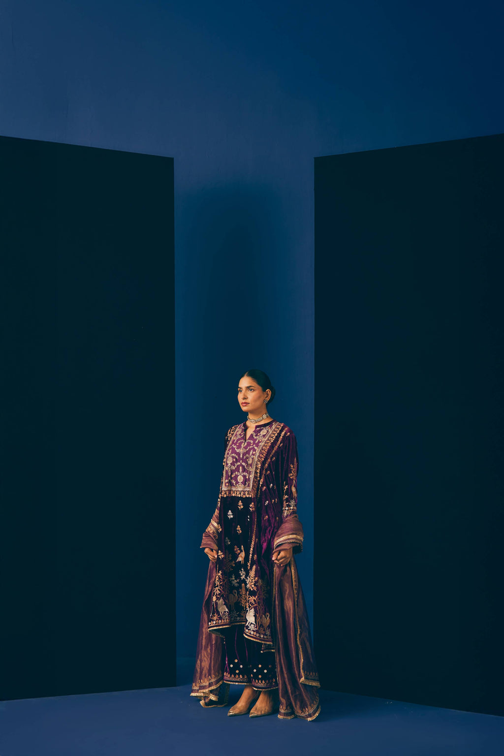 Purple Kashni Embroidered Velvet Kurta Set