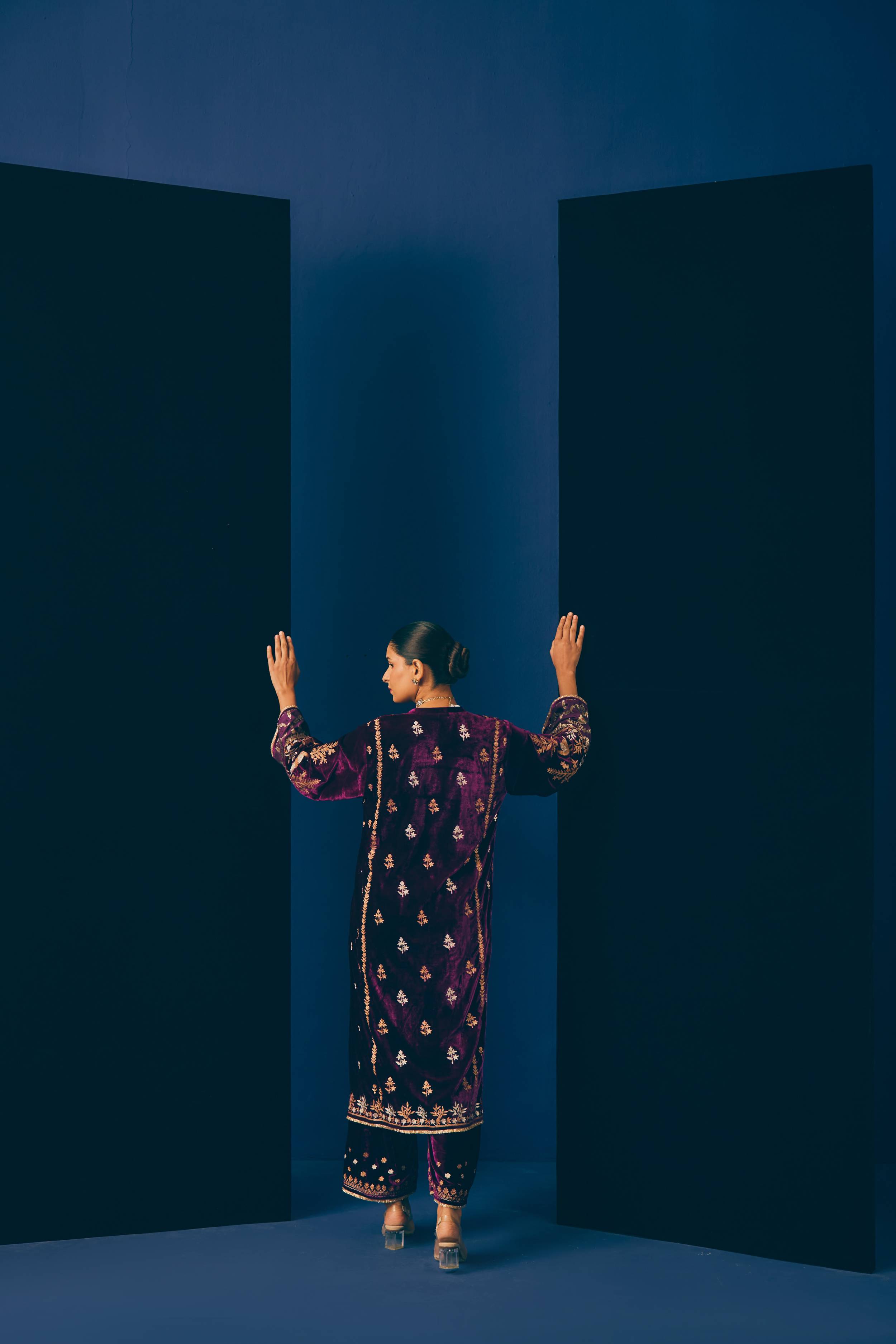 Purple Kashni Embroidered Velvet Kurta Set