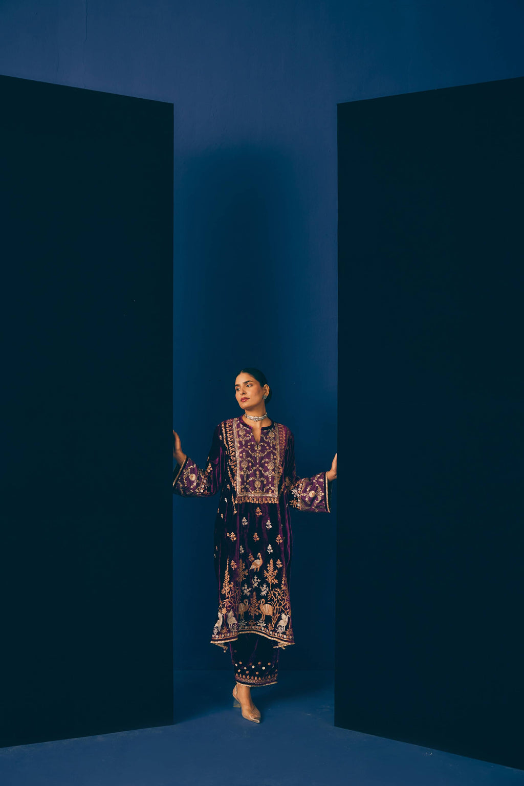 Purple Kashni Embroidered Velvet Kurta Set