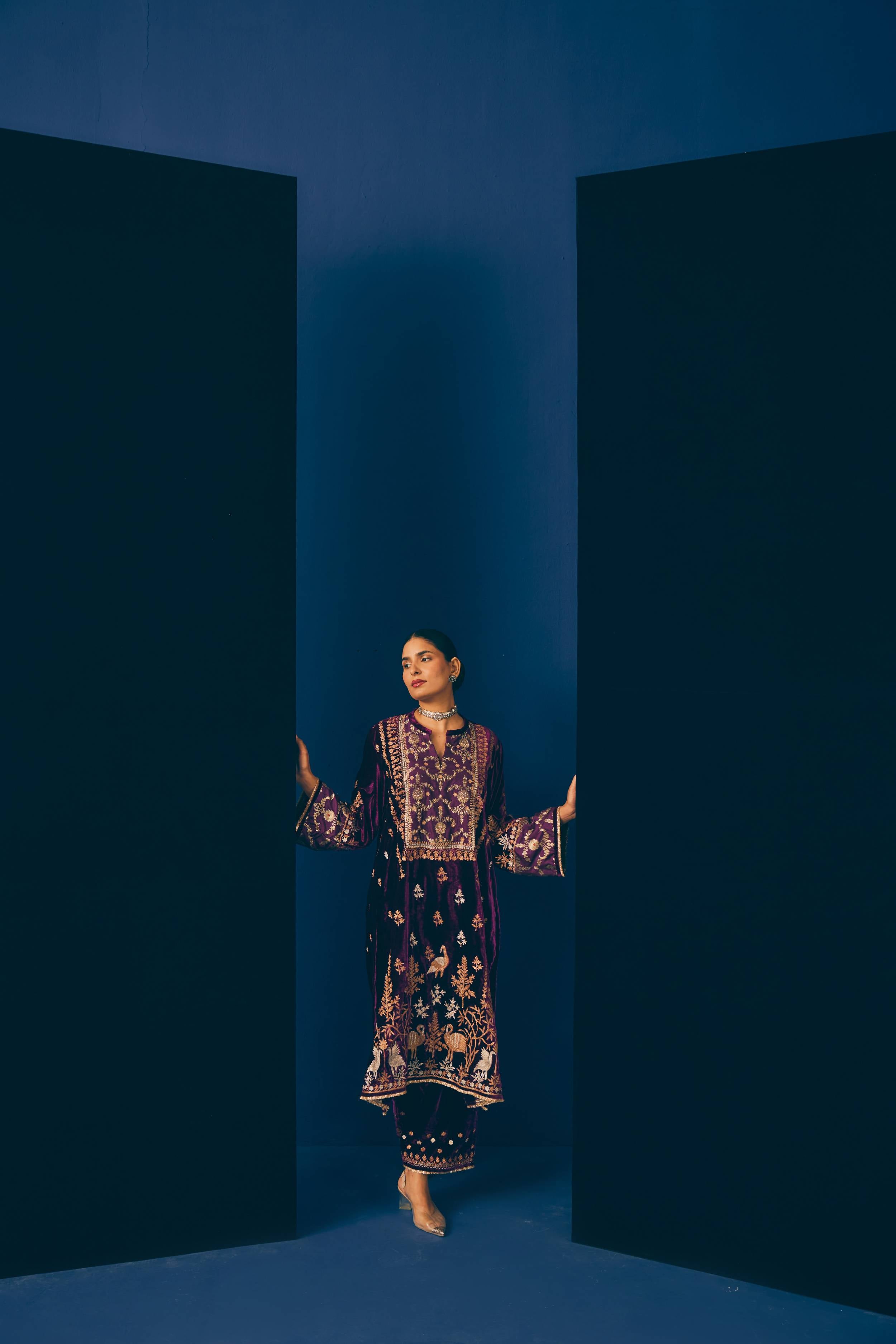 Purple Kashni Embroidered Velvet Kurta Set