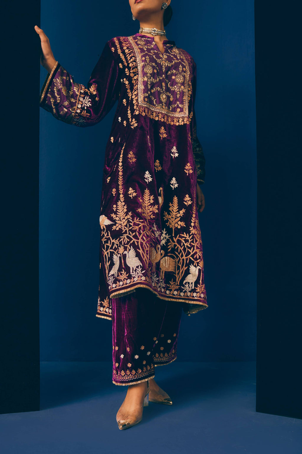 Purple Kashni Embroidered Velvet Kurta Set