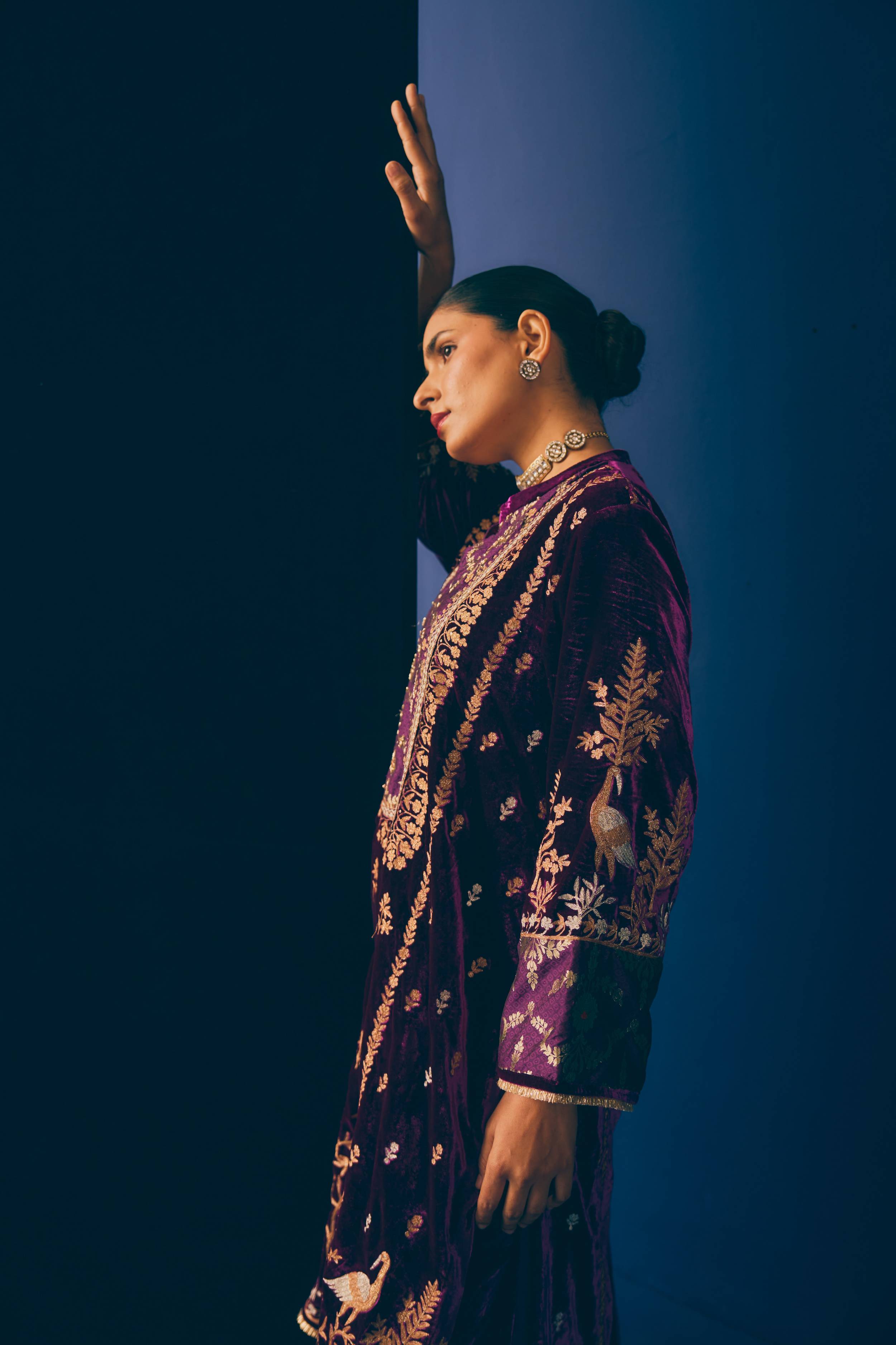 Purple Kashni Embroidered Velvet Kurta Set