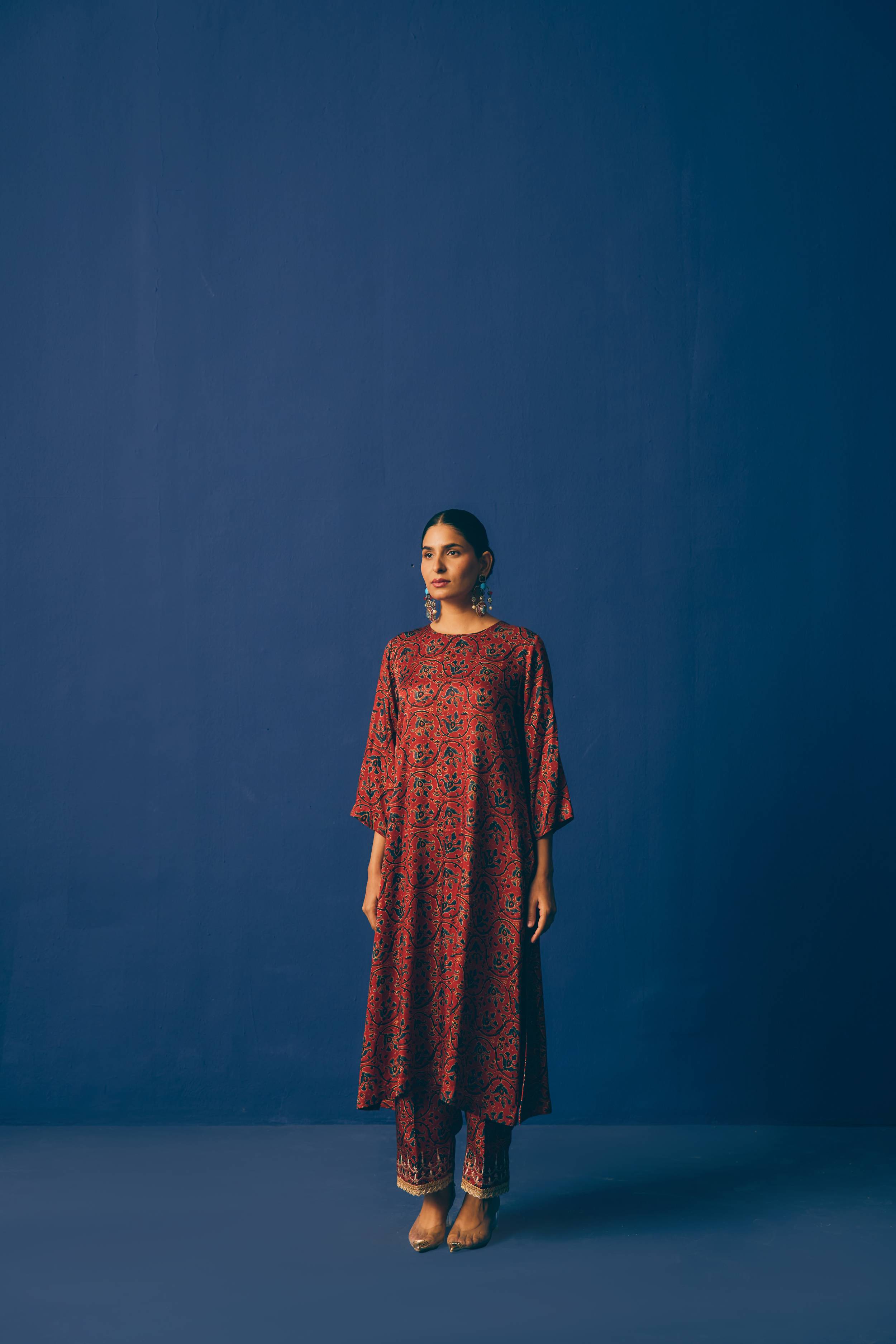 Ruhani Red Velvet Overcoat Set