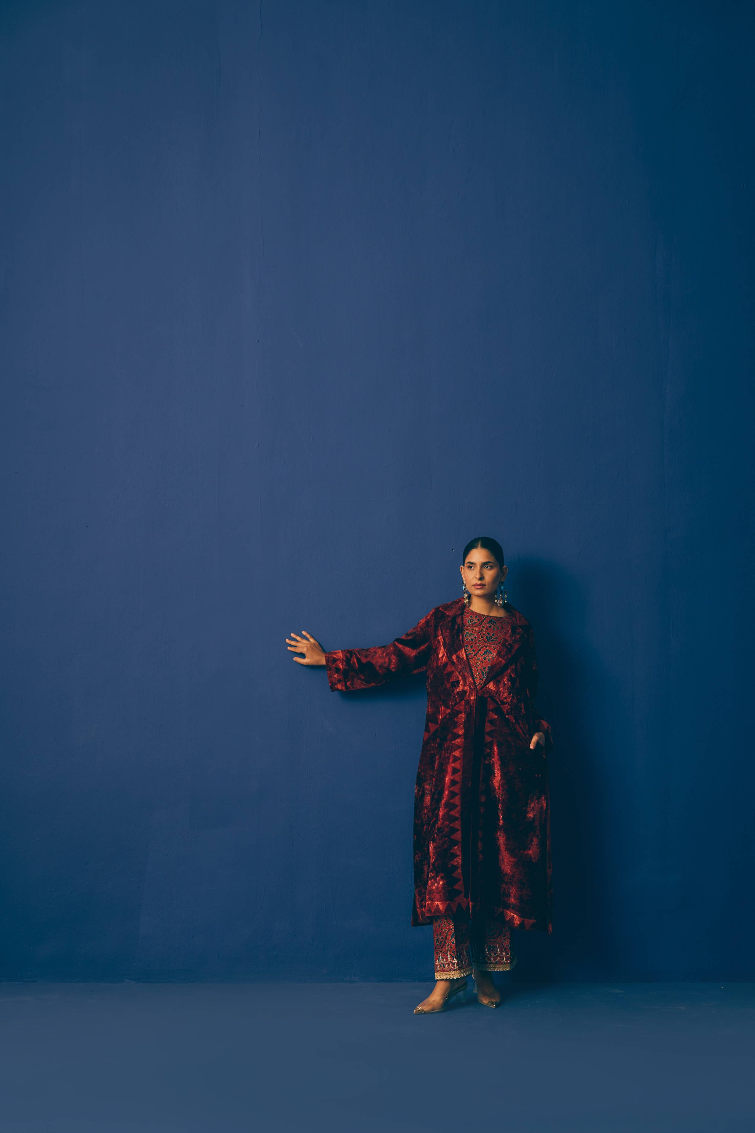 Ruhani Red Velvet Overcoat Set