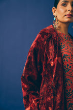 Ruhani Red Velvet Overcoat Set