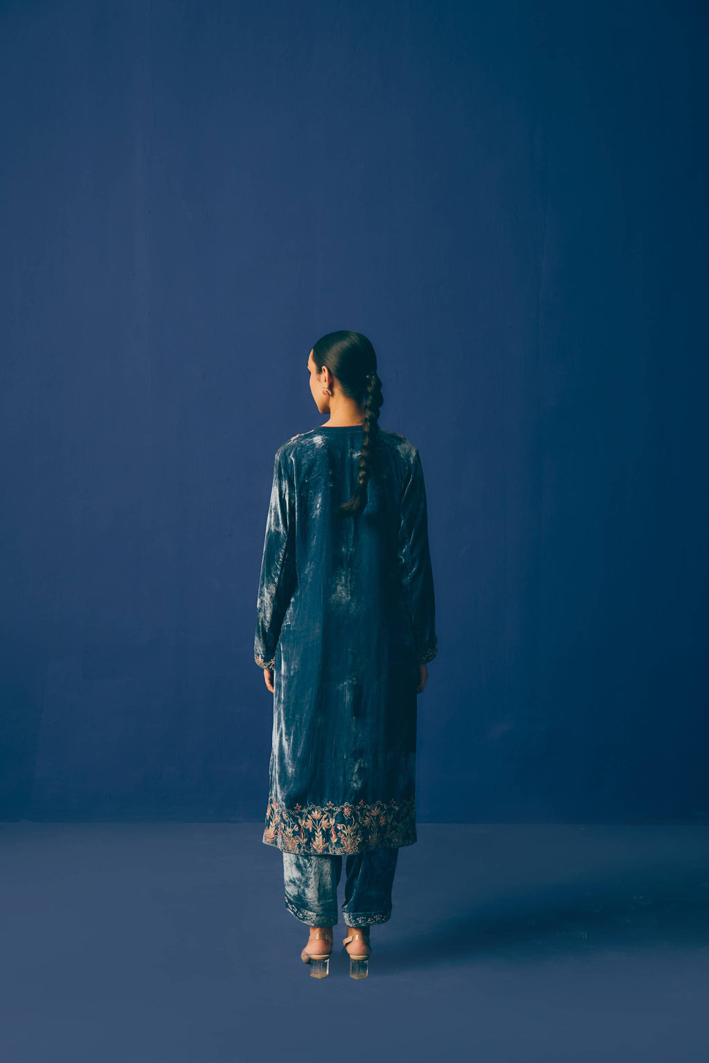 Turquoise Basalte Velvet Kurta Set