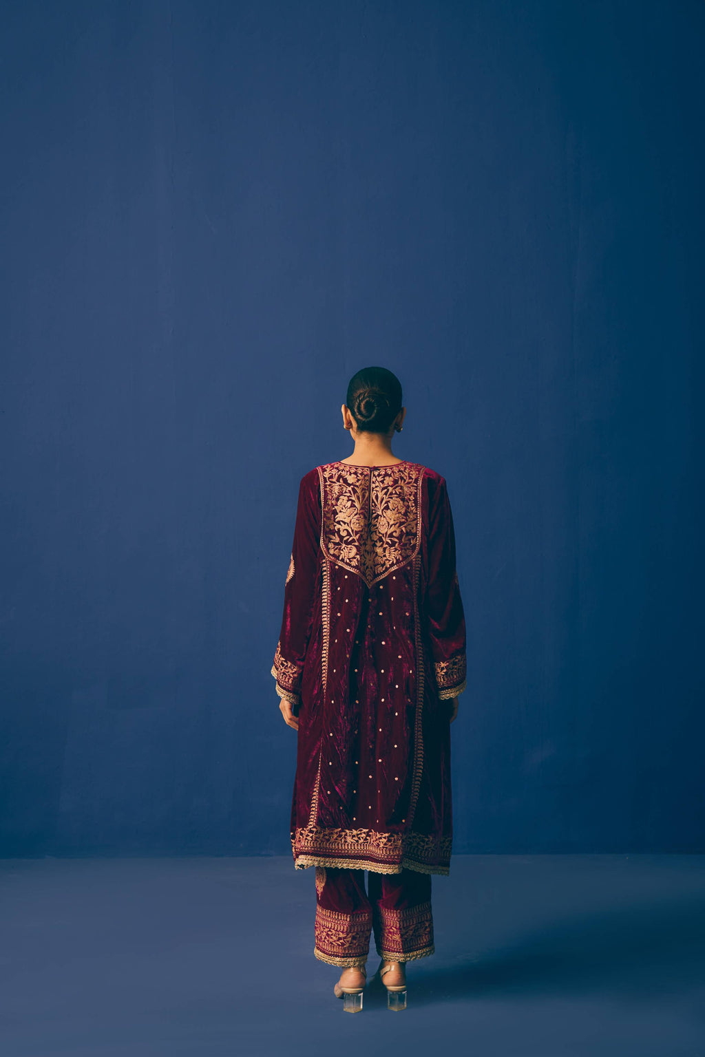 Maroon Aari Velvet Suit Set