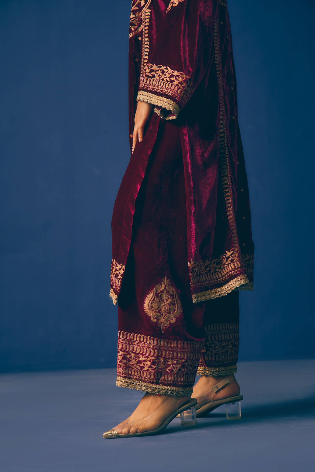 Maroon Aari Velvet Suit Set
