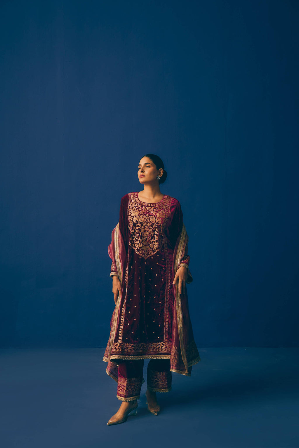 Maroon Aari Velvet Suit Set