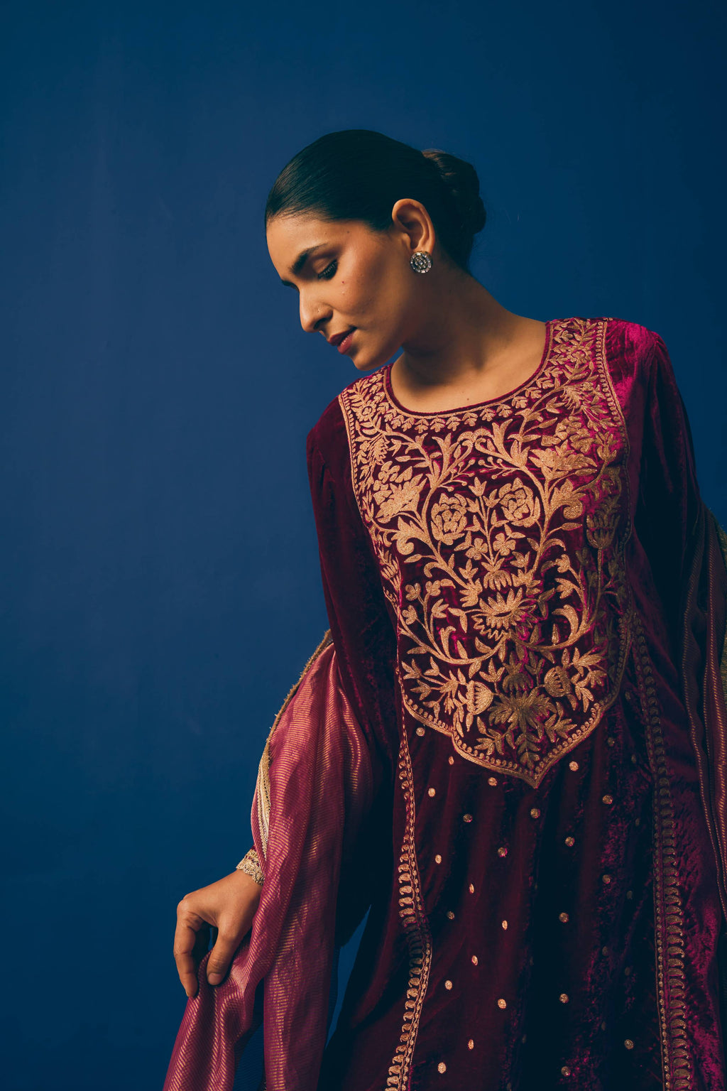 Maroon Aari Velvet Suit Set